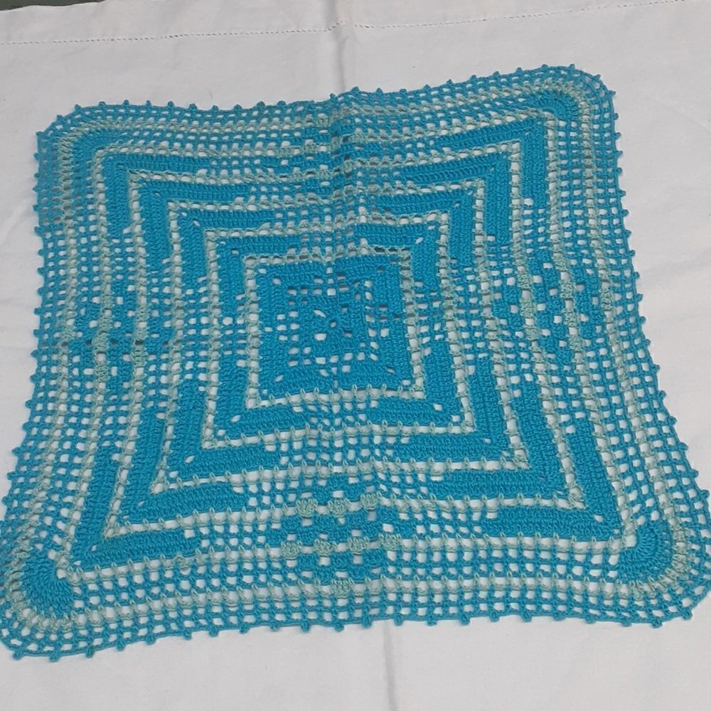 teal & green square hand crocheted doily or‎ table mat.
